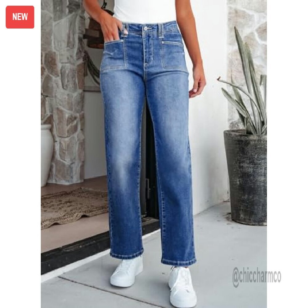 High Waisted Wide Leg Stretchy Denim Jeans Women's Buttoned Pants - Picture 6 of 8